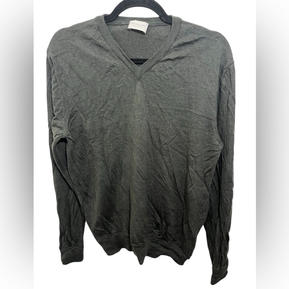 Pelikamo Green Wool V-Neck Sweater with Suede Elbow Patches
